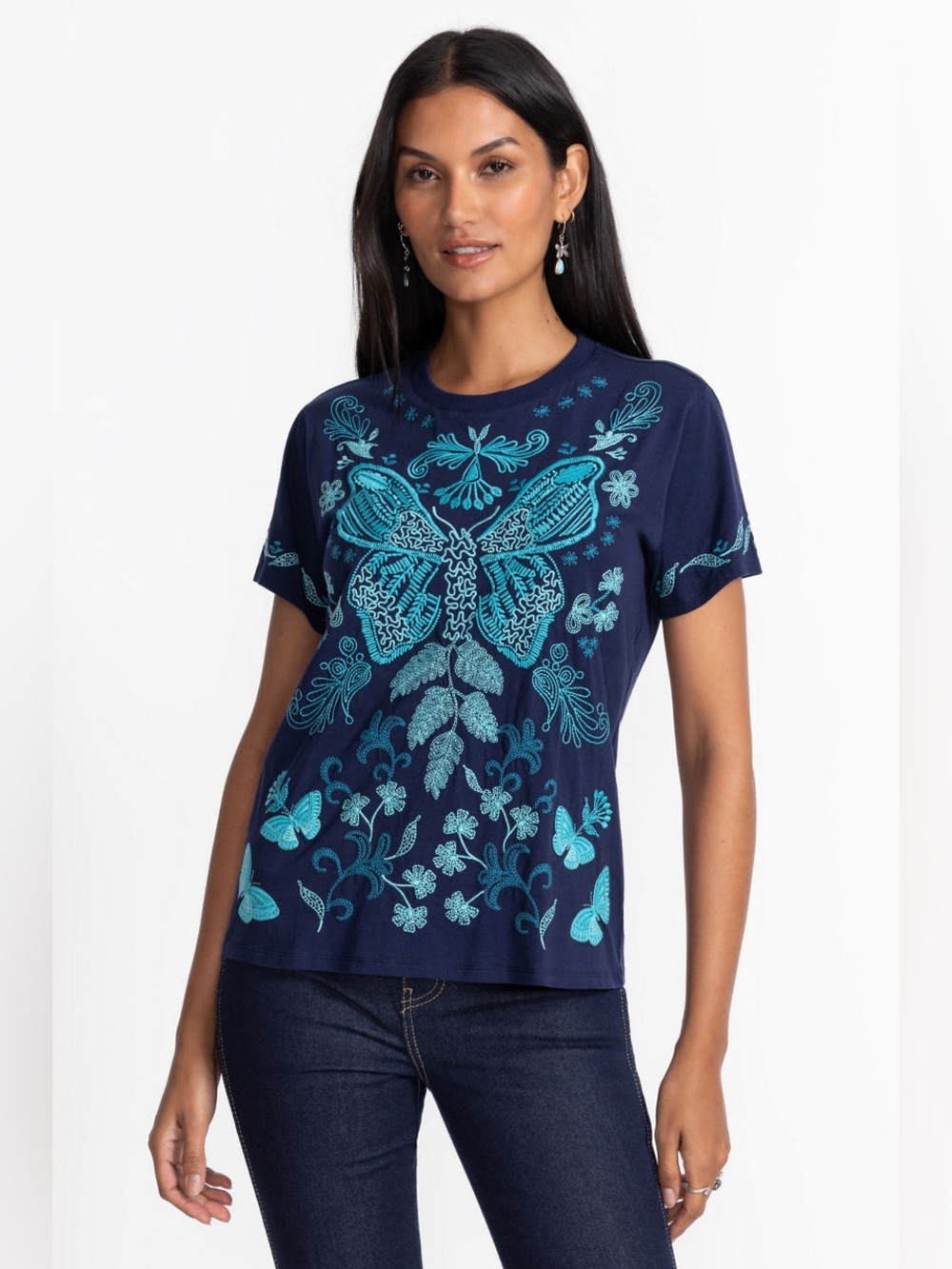 π¦ Johnny Was Navy Embroidered Butterfly Floral Boho Crew Neck TβShirt XS - Picture 2 of 10